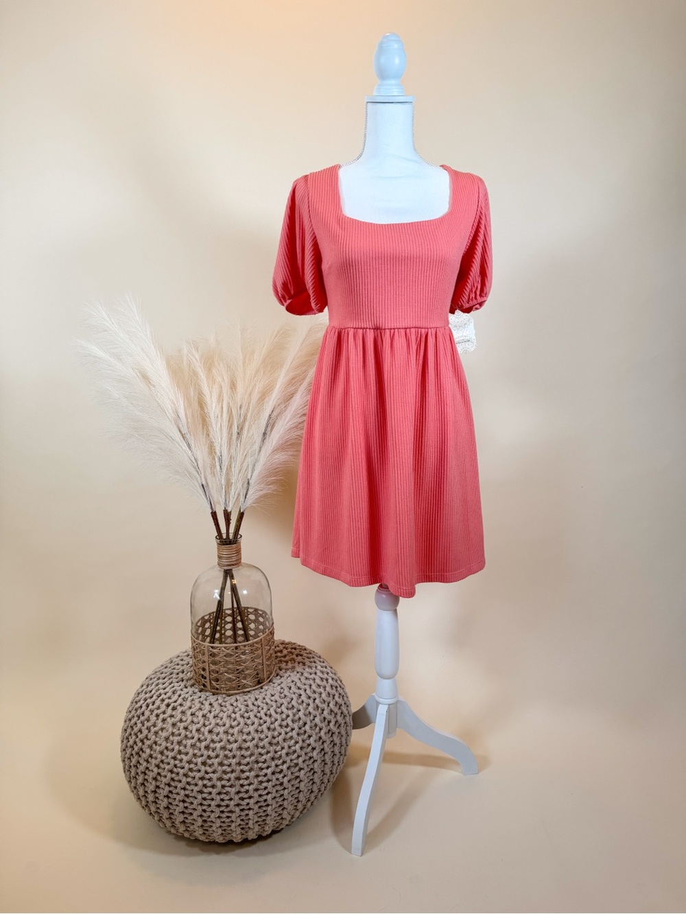 Altar'd State Coral Square-Neck Puff Sleeve Mini Dress